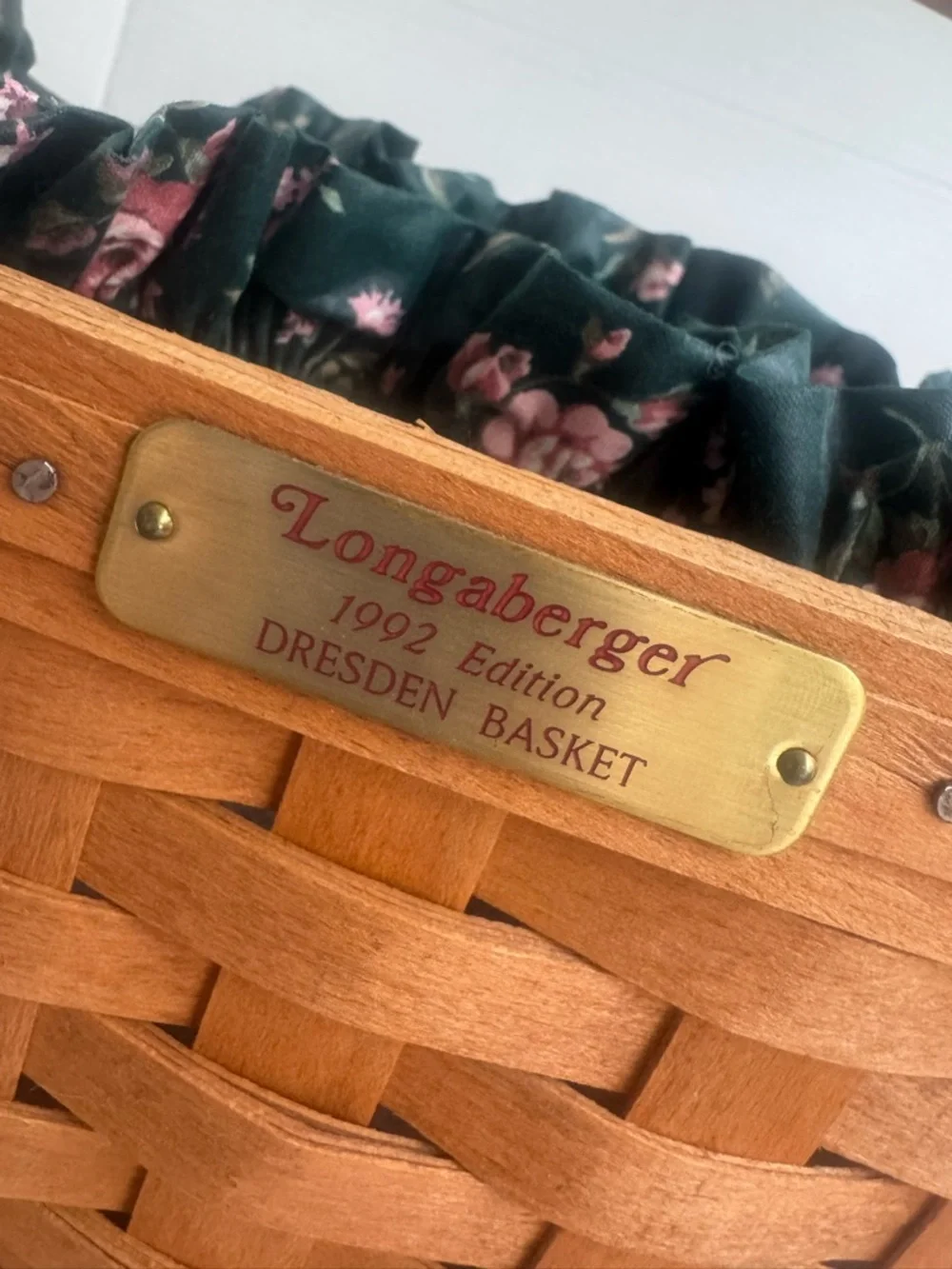 Longaberger Desden Honey Wood Basket with Dark Floral Liner